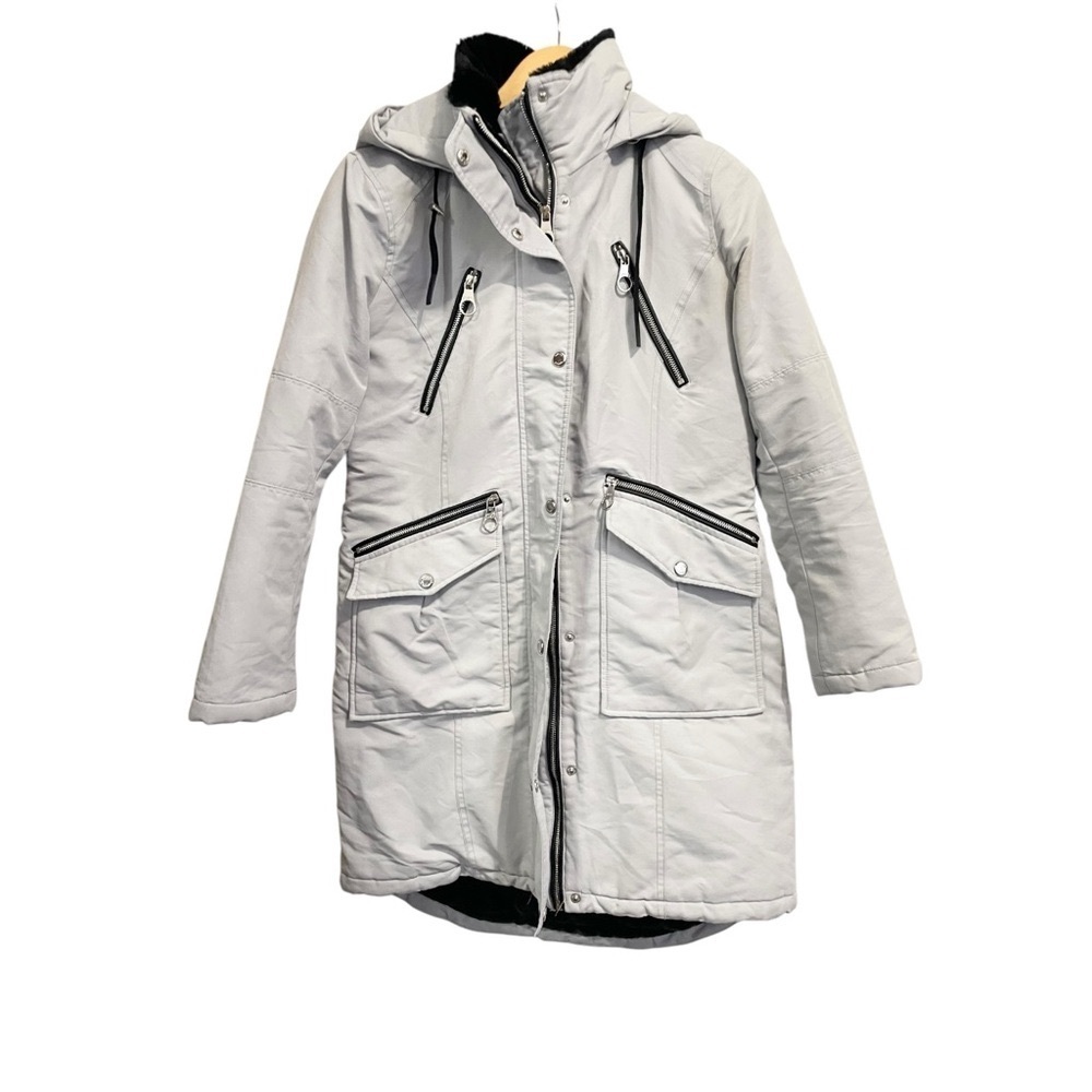 GUESS Women's Long Anorak Winter Coat Silver/Grey Hooded Size S